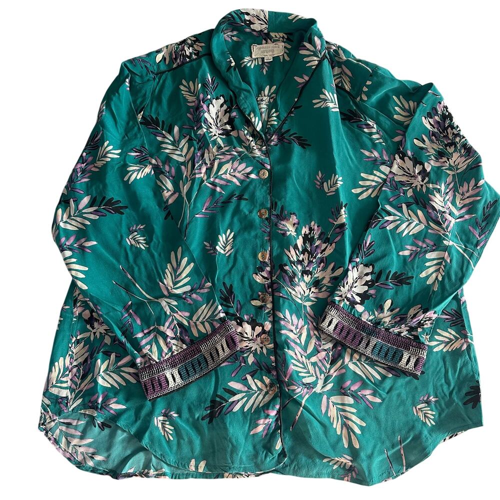 Johnny Was Green, Floral Print, Silk, Long Sleeve, Button Up Blouse- L - Picture 1 of 8